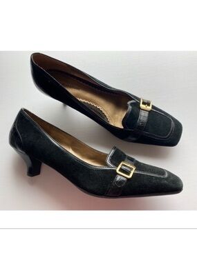 Naturalizer • Black Suede Buckle Square Toe Heels